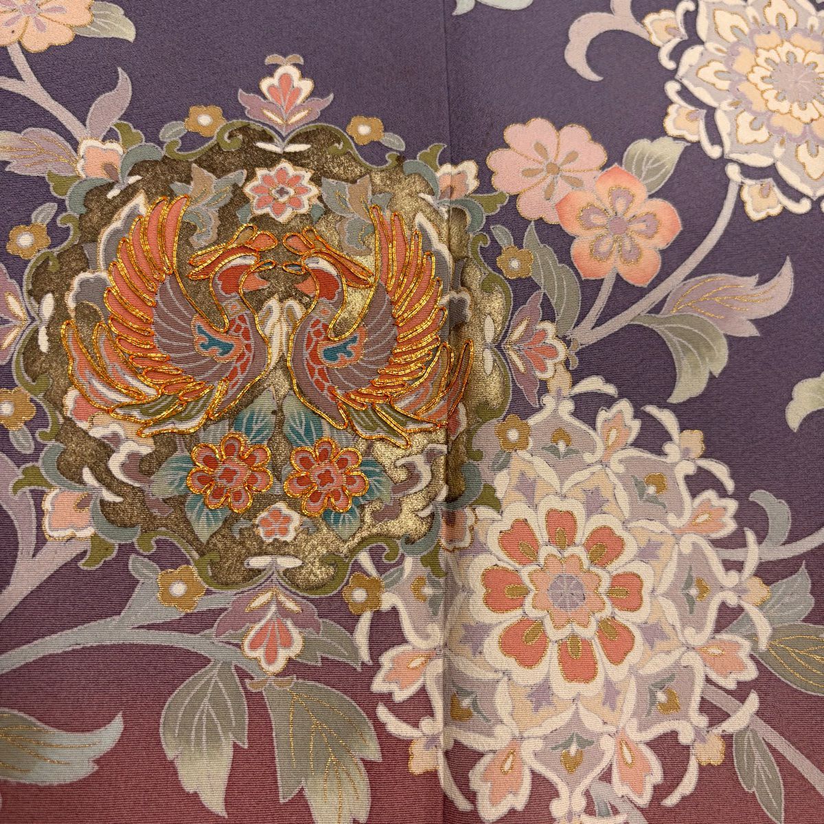 訪問服 身長152.5cm 袖長62cm S 雙層 落款あり 向鳥 花唐草紋 金絲 金銀彩 淺紫 純蠶絲 優品級