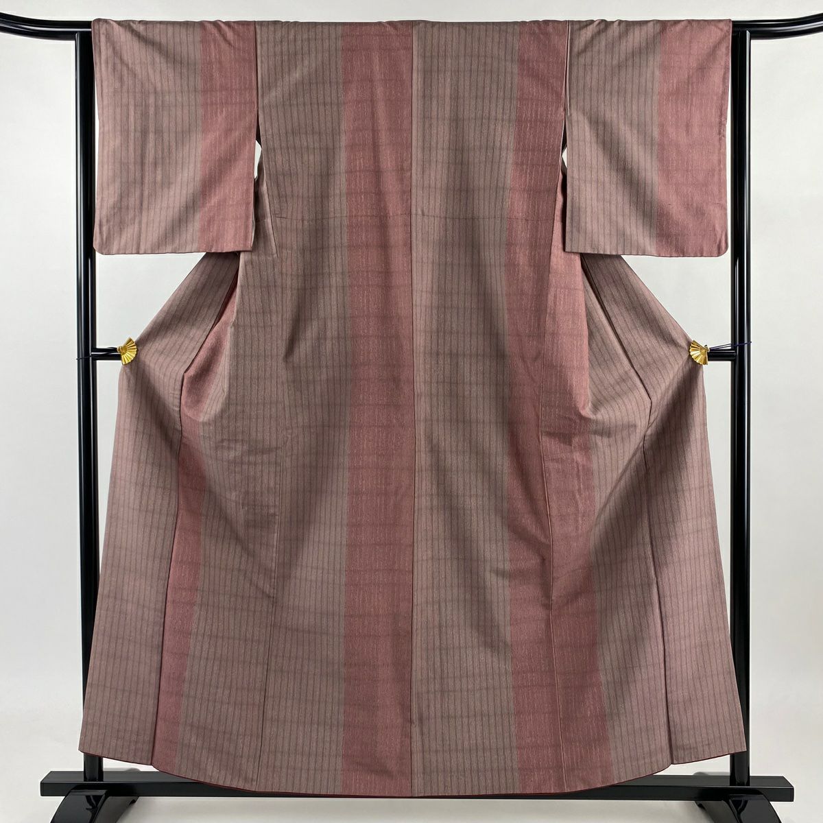 紬織 身長157.5cm 袖長63.5cm S 雙層 縱條 紅紫 純蠶絲 美品 秀品級