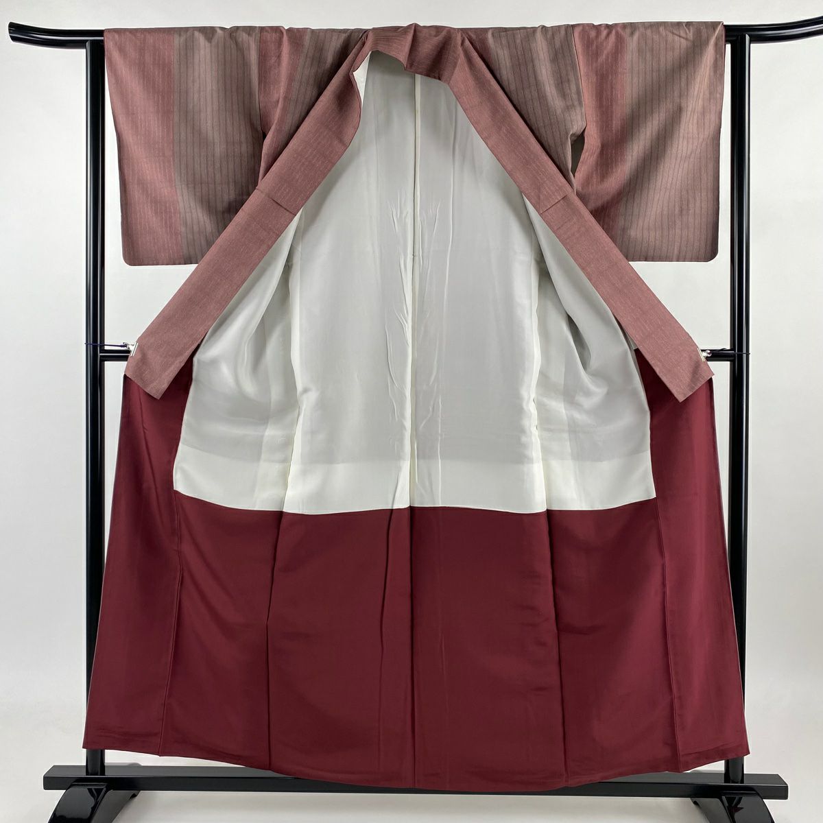 紬織 身長157.5cm 袖長63.5cm S 雙層 縱條 紅紫 純蠶絲 美品 秀品級