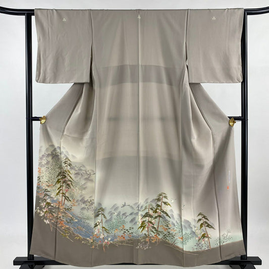 茶留袖禮服 身長157cm 袖長64cm M 雙層 茶谷孝志 落款あり 風景 松樹 漸層 薄小豆 純蠶絲 美品 秀品級 三つ紋
