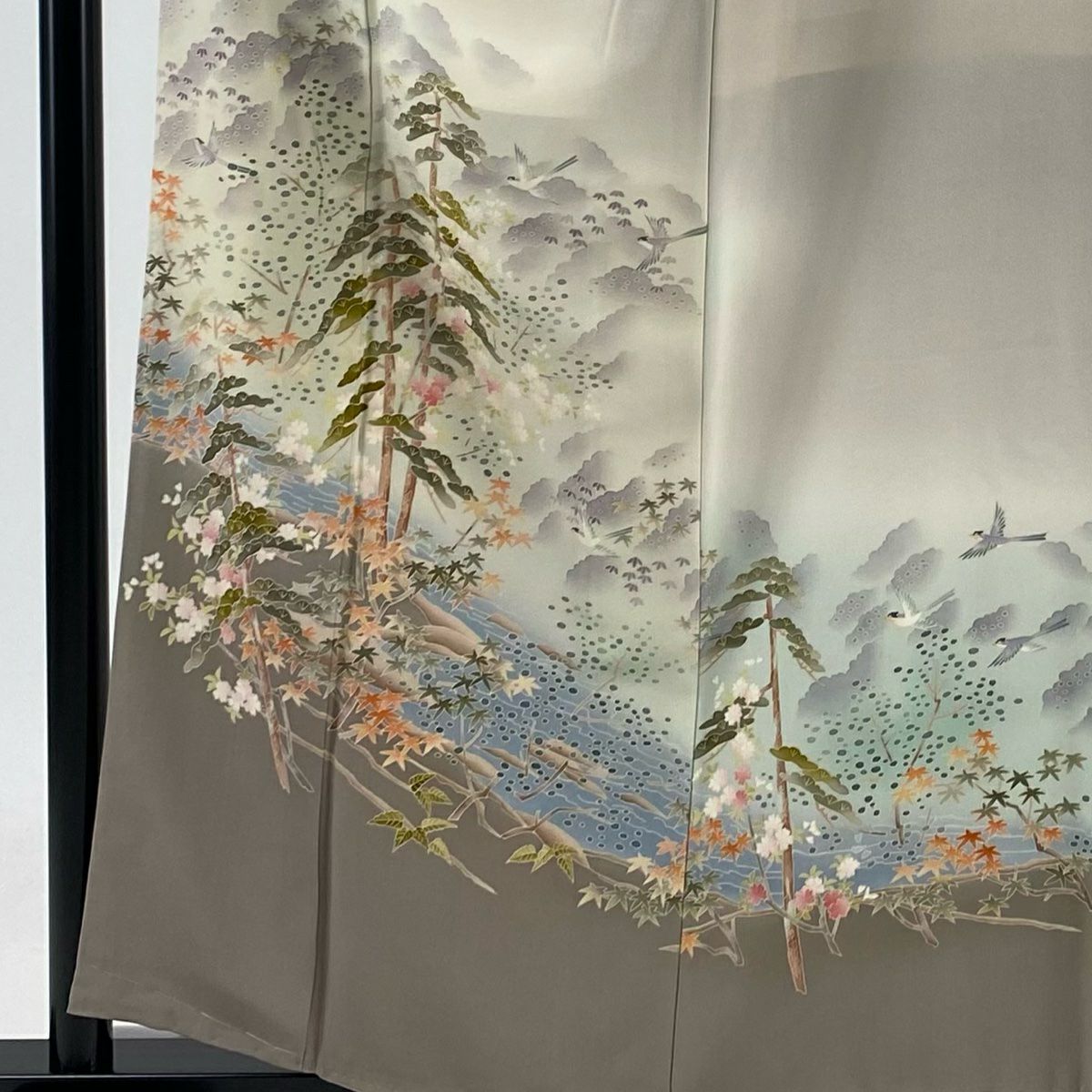 茶留袖禮服 身長157cm 袖長64cm M 雙層 茶谷孝志 落款あり 風景 松樹 漸層 薄小豆 純蠶絲 美品 秀品級 三つ紋