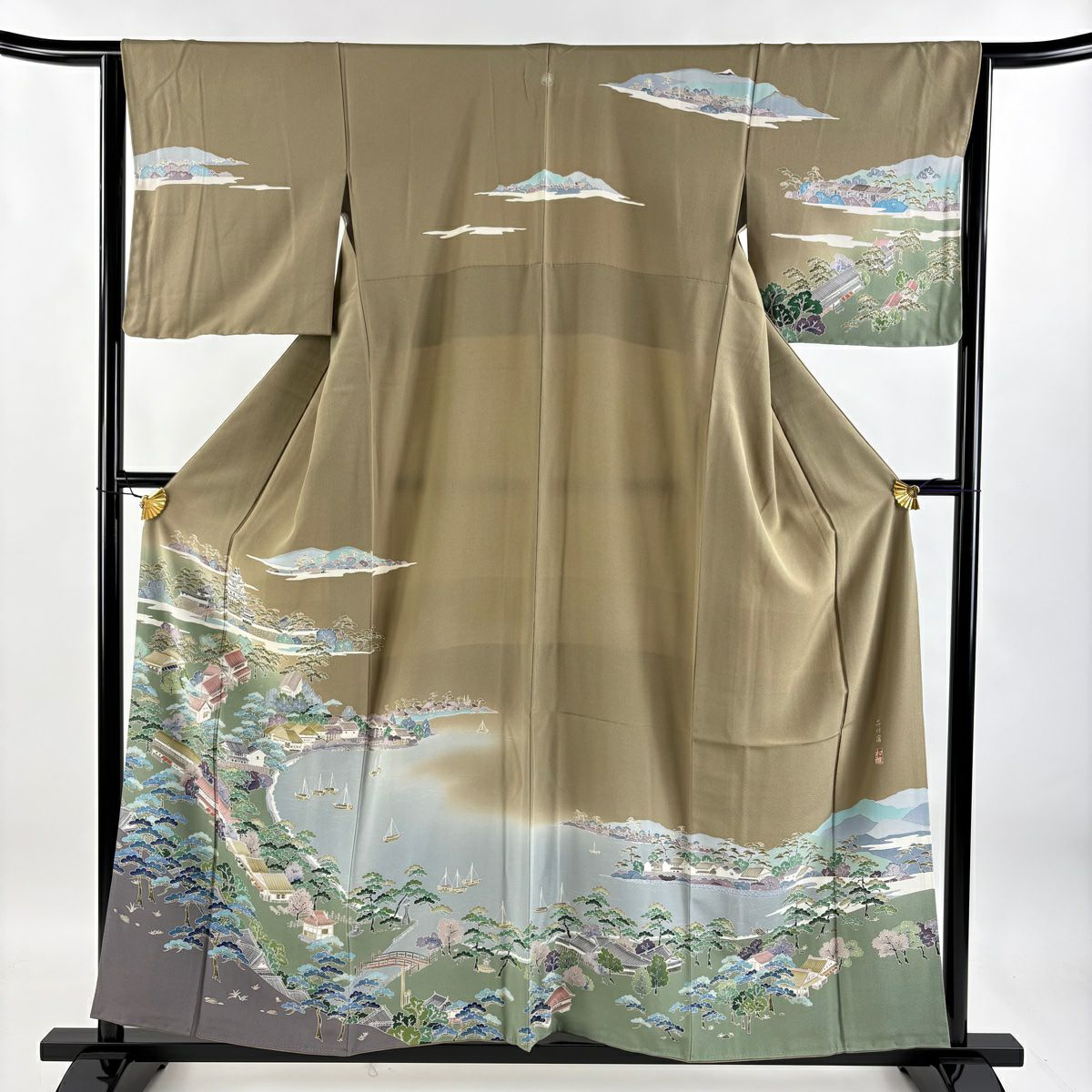 訪問服 身長158cm 袖長64.5cm M 雙層 風景 品川宿 染分漸變 茶綠 純蠶絲 美品 秀品級