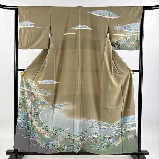 訪問服 身長158cm 袖長64.5cm M 雙層 風景 品川宿 染分漸變 茶綠 純蠶絲 美品 秀品級