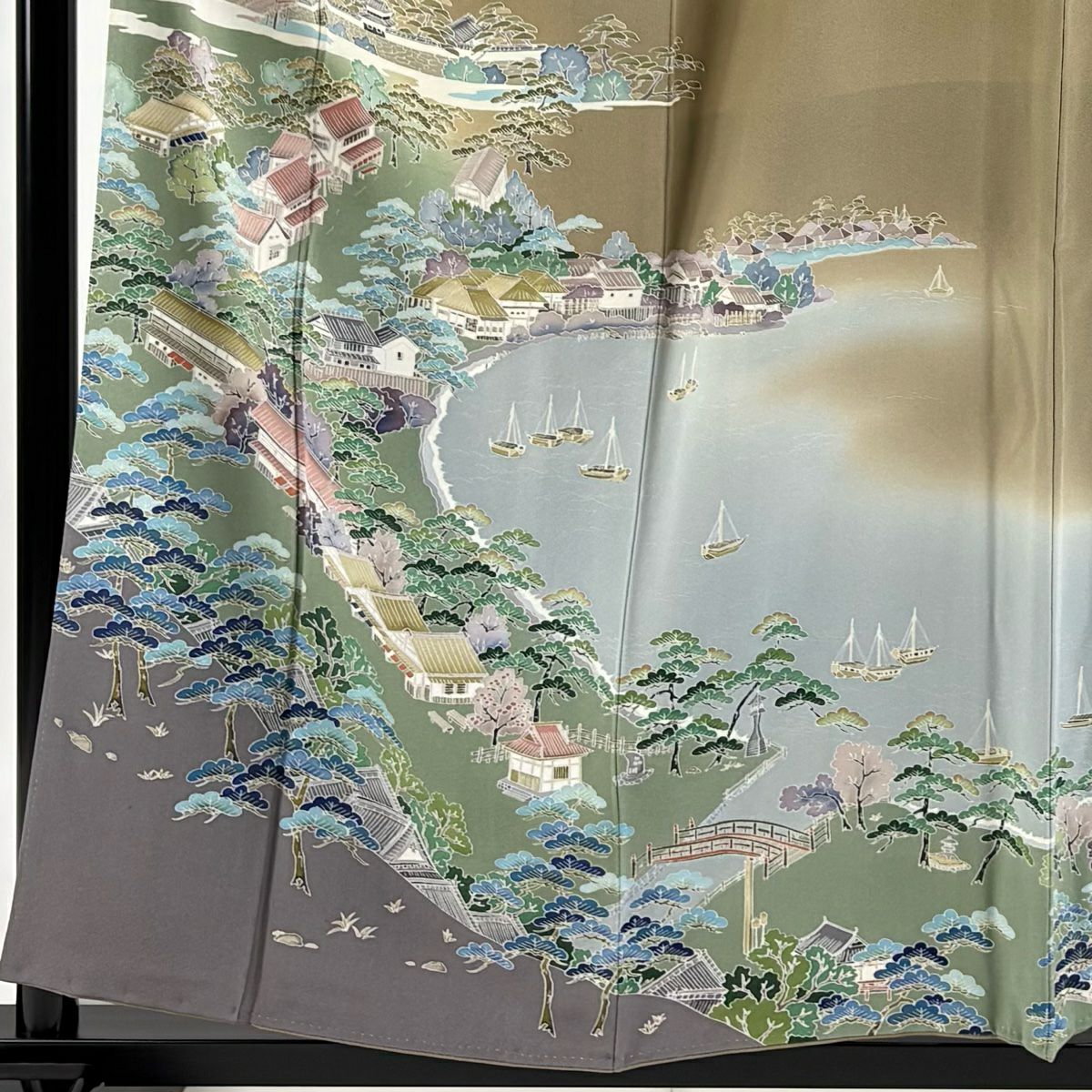 訪問服 身長158cm 袖長64.5cm M 雙層 風景 品川宿 染分漸變 茶綠 純蠶絲 美品 秀品級