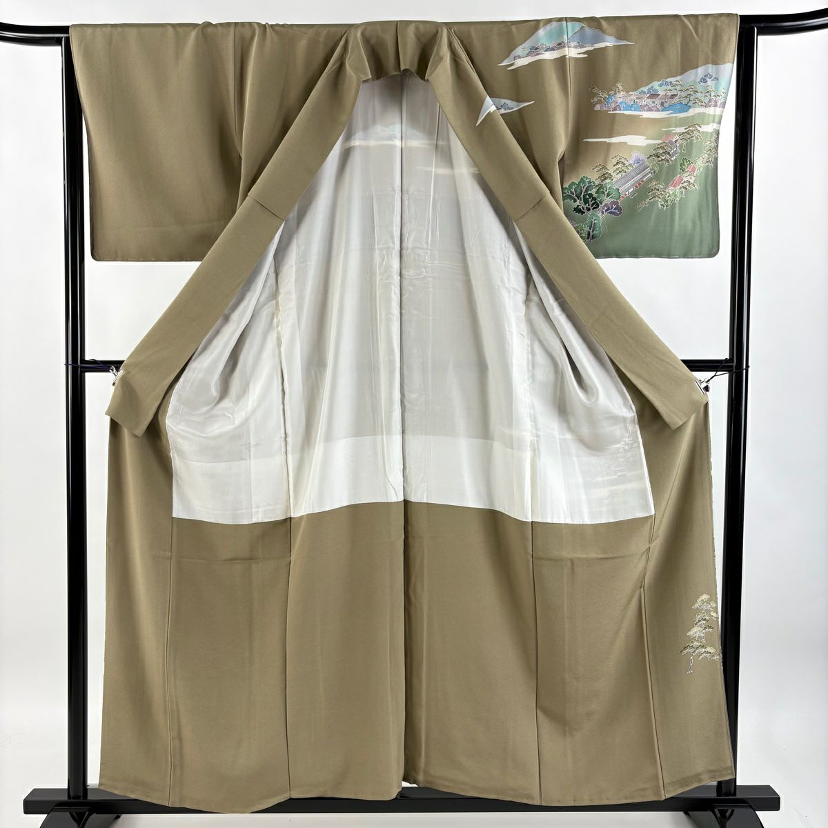 訪問服 身長158cm 袖長64.5cm M 雙層 風景 品川宿 染分漸變 茶綠 純蠶絲 美品 秀品級