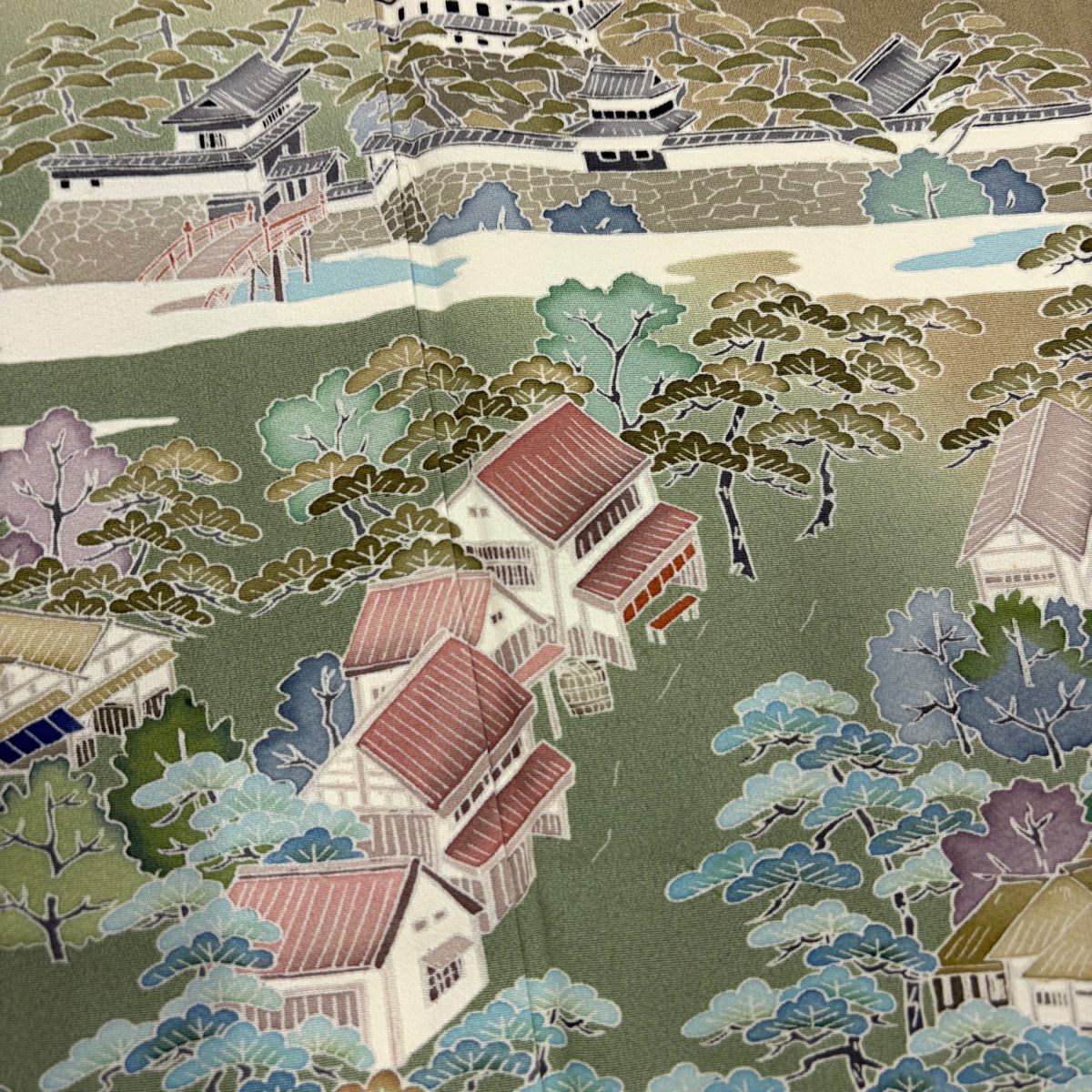 訪問服 身長158cm 袖長64.5cm M 雙層 風景 品川宿 染分漸變 茶綠 純蠶絲 美品 秀品級