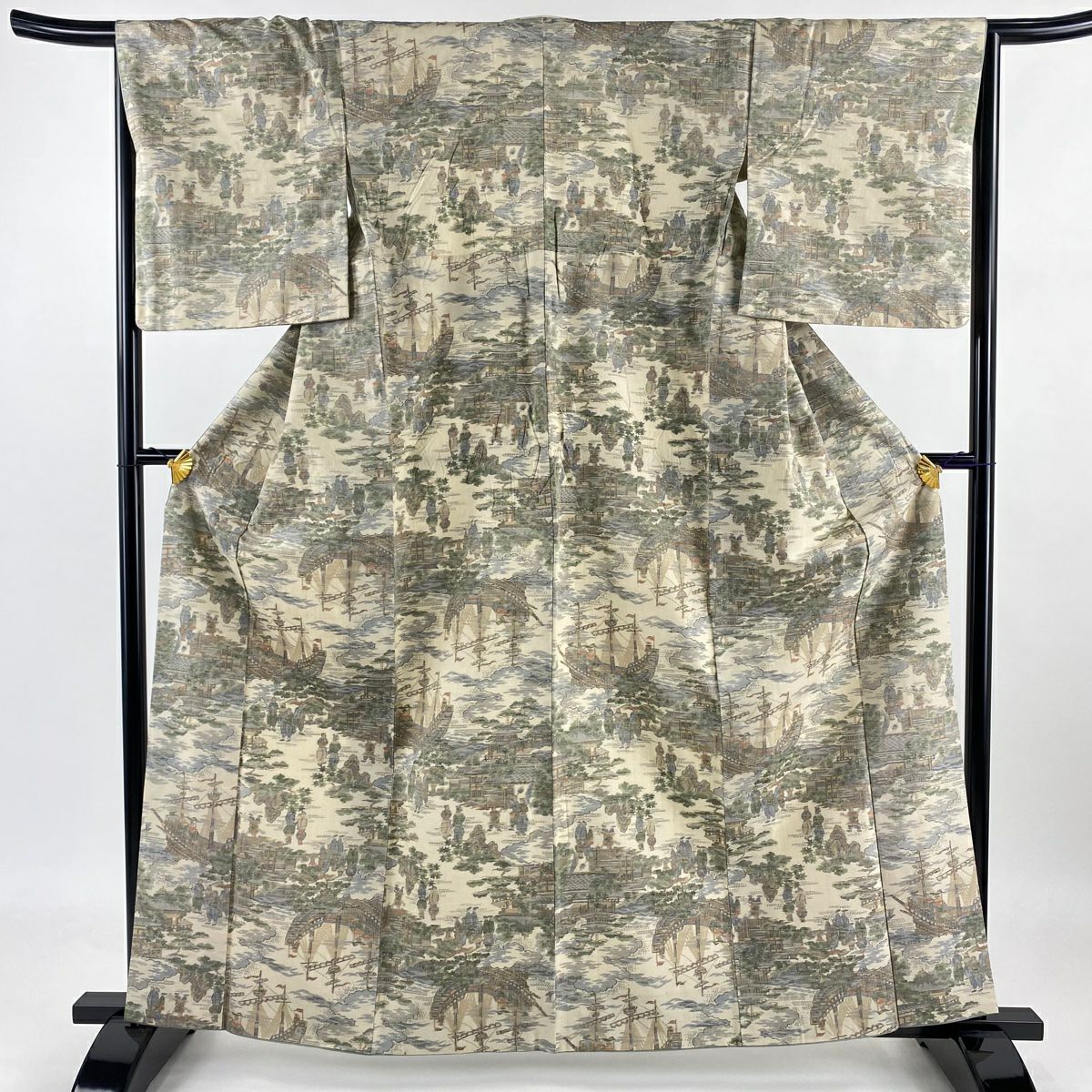 紬織 身長162cm 袖長65cm M 雙層 風景 船 米色 純蠶絲 秀品級