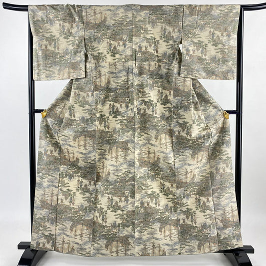 紬織 身長162cm 袖長65cm M 雙層 風景 船 米色 純蠶絲 秀品級