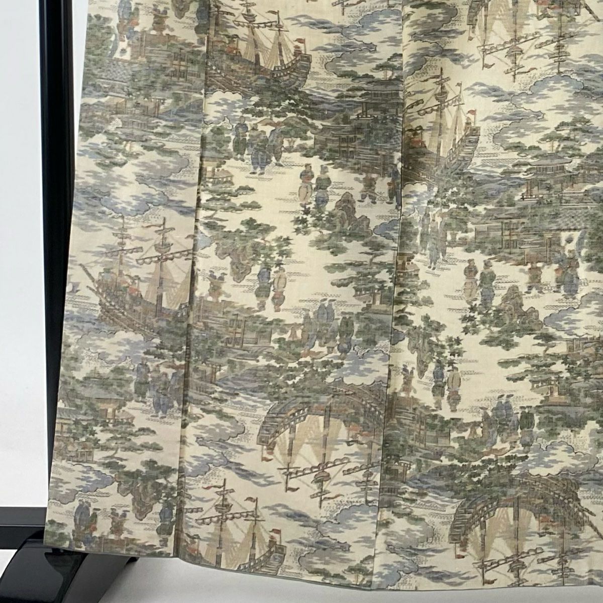 紬織 身長162cm 袖長65cm M 雙層 風景 船 米色 純蠶絲 秀品級