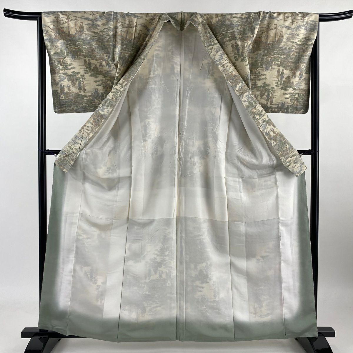 紬織 身長162cm 袖長65cm M 雙層 風景 船 米色 純蠶絲 秀品級