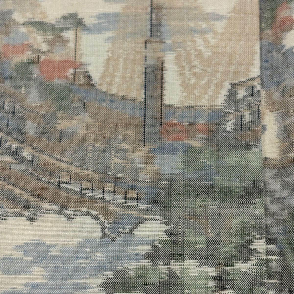 紬織 身長162cm 袖長65cm M 雙層 風景 船 米色 純蠶絲 秀品級