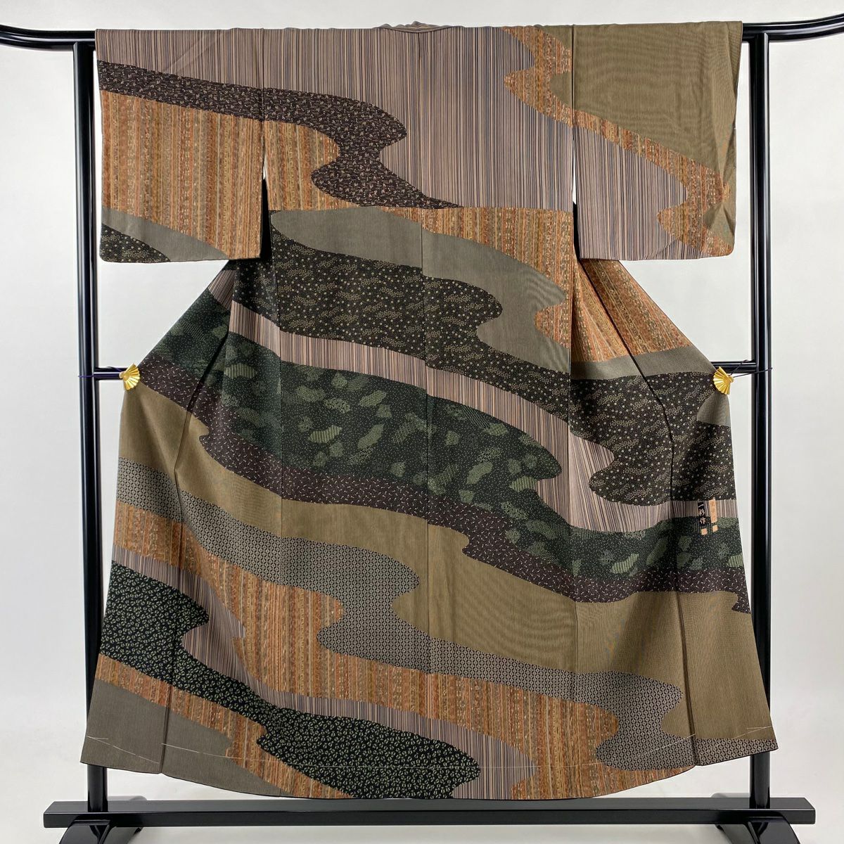 訪問服 身長152.5cm 袖長62cm S 雙層 落款あり 霞 寄せ柄 茶紫 純蠶絲 美品 秀品級