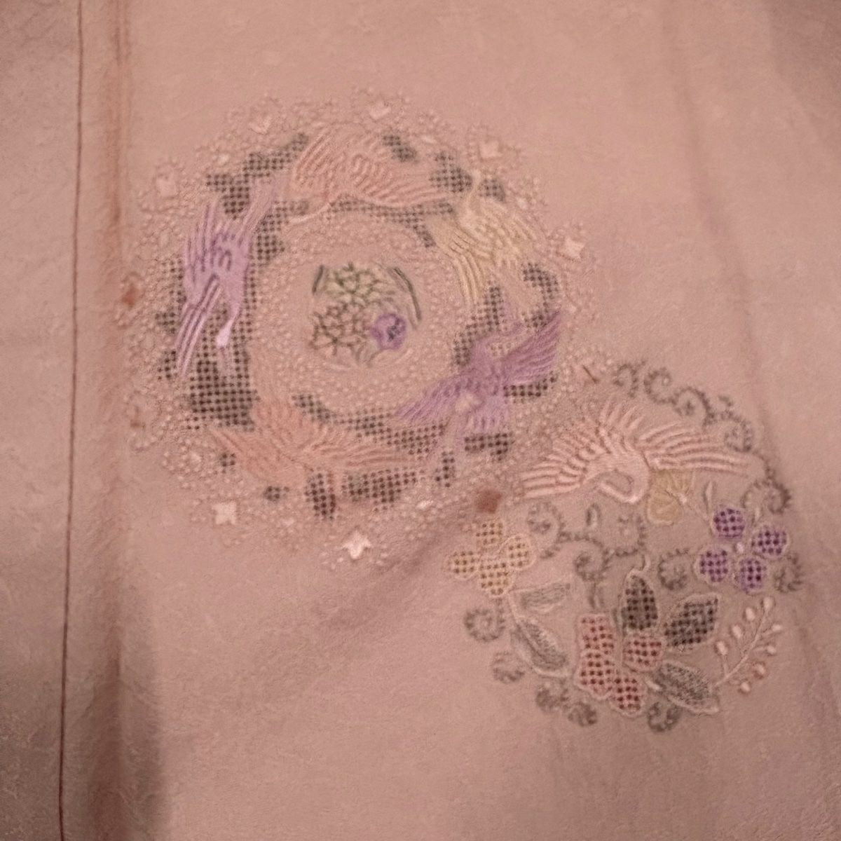 付下 身長163.5cm 袖長67cm M 雙層 華紋 鳥 刺繡 漸層 粉色 純蠶絲 秀品級 一個紋