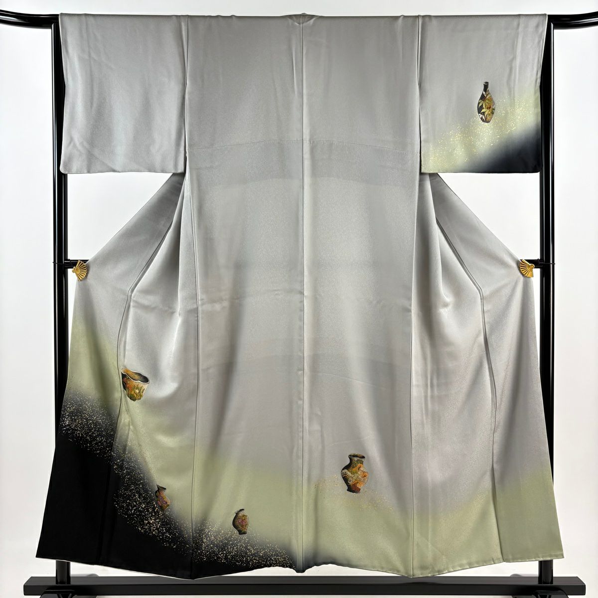 付下 身長155cm 袖長64.5cm M 雙層 器物 草花紋紋 金銀彩 染分 灰色 純蠶絲 秀品級