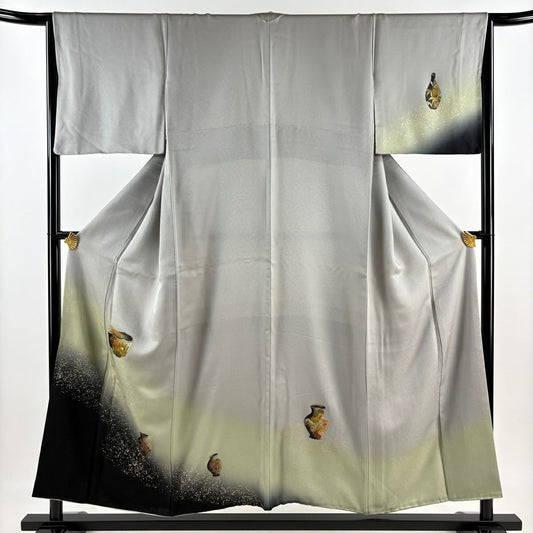 付下 身長155cm 袖長64.5cm M 雙層 器物 草花紋紋 金銀彩 染分 灰色 純蠶絲 秀品級