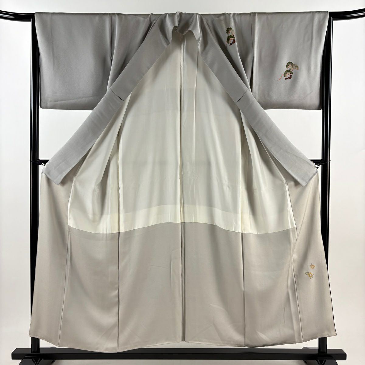 付下 身長155cm 袖長64.5cm M 雙層 器物 草花紋紋 金銀彩 染分 灰色 純蠶絲 秀品級