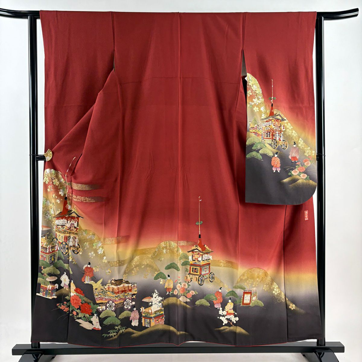 振袖禮服 身長156.5cm 袖長63cm S 雙層 山鉾 人物 金銀彩 染分 紅 純蠶絲 秀品級