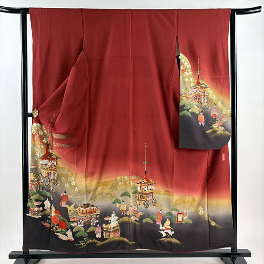 振袖禮服 身長156.5cm 袖長63cm S 雙層 山鉾 人物 金銀彩 染分 紅 純蠶絲 秀品級
