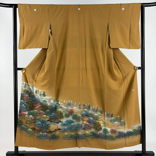 留袖禮服禮服 身長152cm 袖長62cm S 雙層 落款あり 風景 樹木 金銀彩 黃土 純蠶絲 秀品級 三つ紋