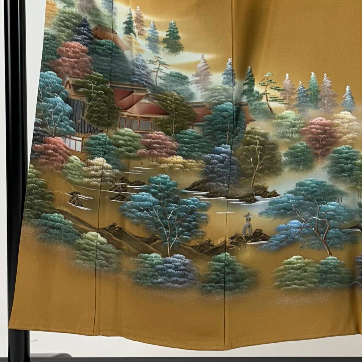 留袖禮服禮服 身長152cm 袖長62cm S 雙層 落款あり 風景 樹木 金銀彩 黃土 純蠶絲 秀品級 三つ紋