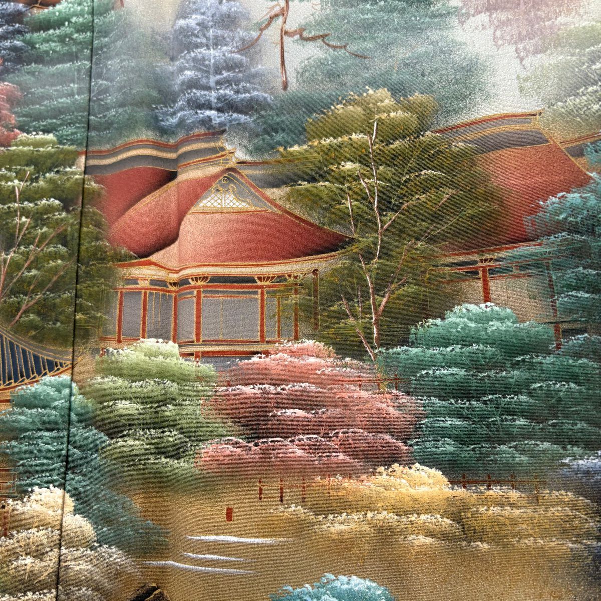 留袖禮服禮服 身長152cm 袖長62cm S 雙層 落款あり 風景 樹木 金銀彩 黃土 純蠶絲 秀品級 三つ紋