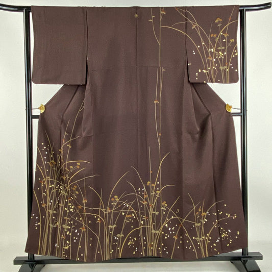 訪問服 身長155cm 袖長63cm S 雙層 草花紋紋 女郎花 金銀彩 茶紫 純蠶絲 秀品級 一つ紋