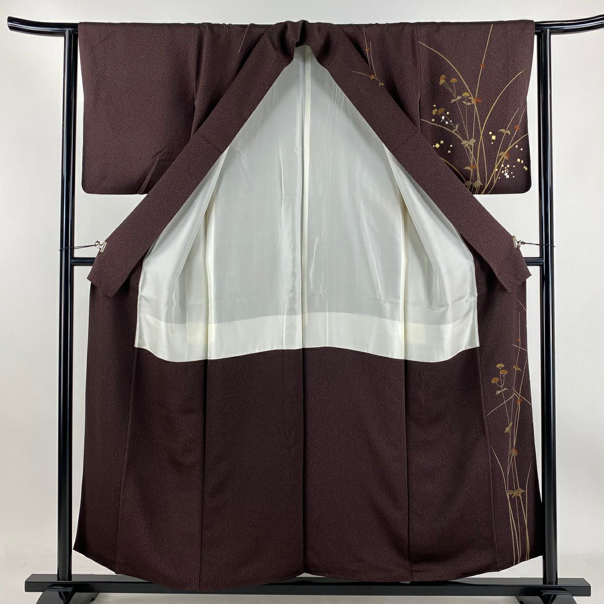 訪問服 身長155cm 袖長63cm S 雙層 草花紋紋 女郎花 金銀彩 茶紫 純蠶絲 秀品級 一つ紋