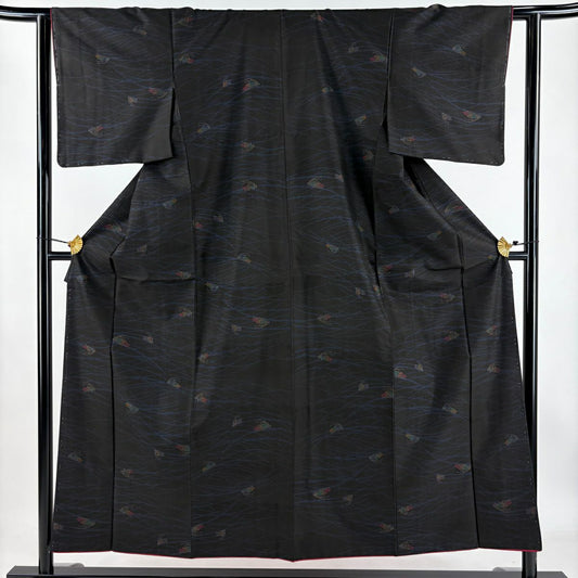 紬織 身長152.5cm 袖長61.5cm S 雙層 葉柄 蟋蟀 墨 黑 純蠶絲 美品 秀品級