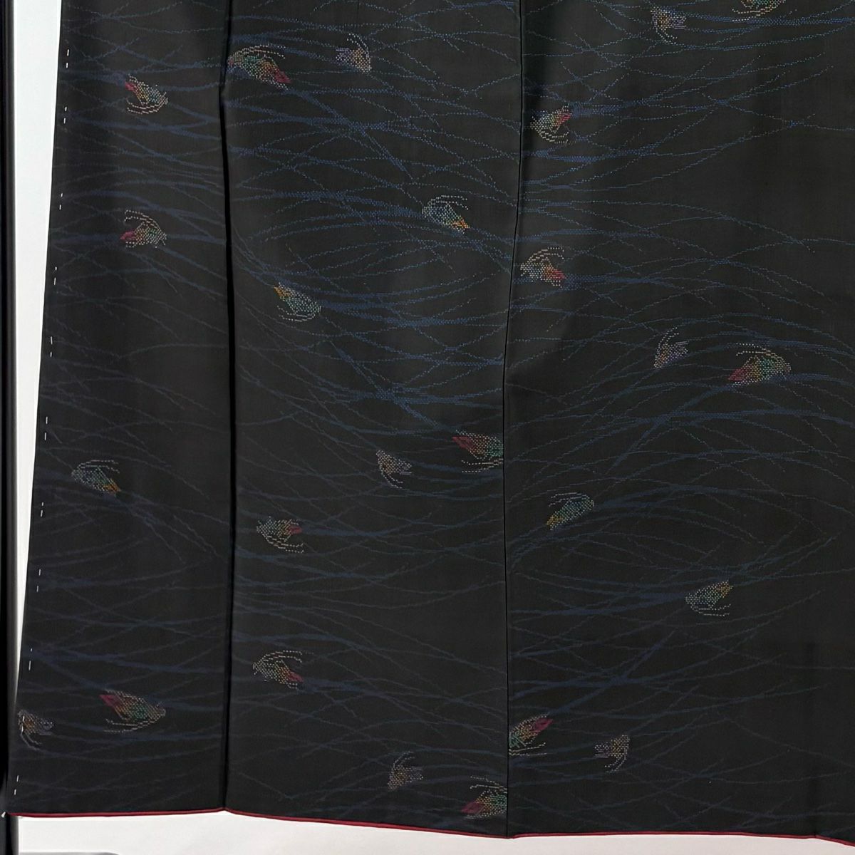 紬織 身長152.5cm 袖長61.5cm S 雙層 葉柄 蟋蟀 墨 黑 純蠶絲 美品 秀品級