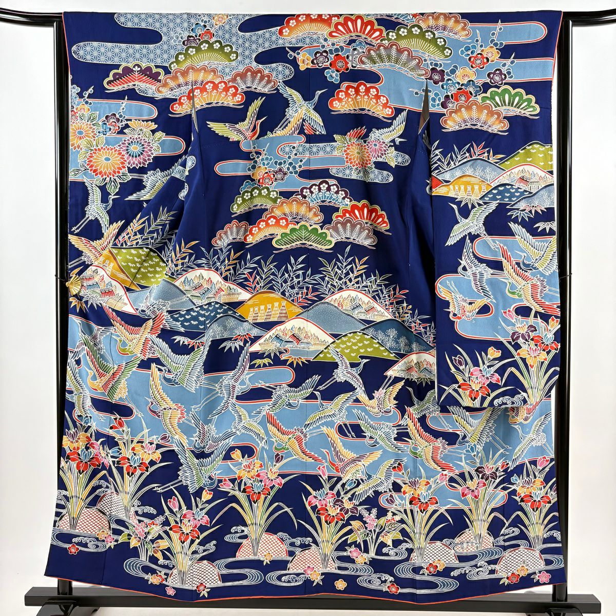 振袖禮服 身長157.5cm 袖長63.5cm S 雙層 仙鶴 松樹竹子梅花 深藍 純蠶絲 秀品級