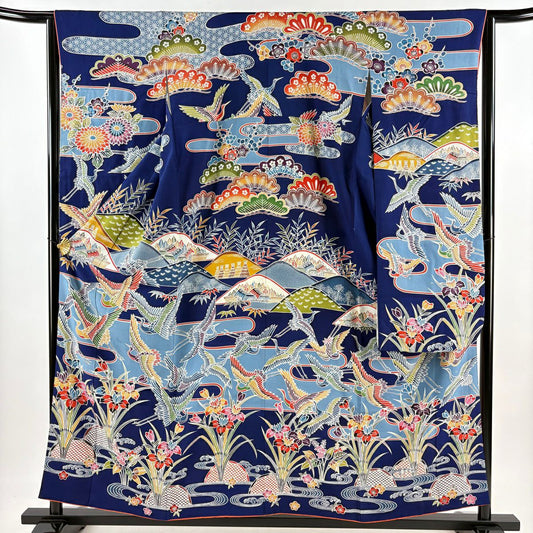 振袖禮服 身長157.5cm 袖長63.5cm S 雙層 仙鶴 松樹竹子梅花 深藍 純蠶絲 秀品級