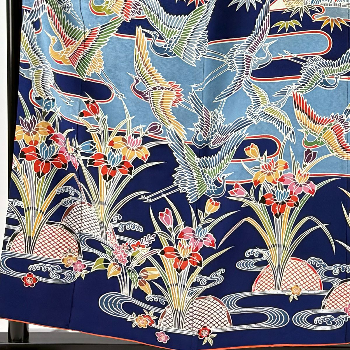 振袖禮服 身長157.5cm 袖長63.5cm S 雙層 仙鶴 松樹竹子梅花 深藍 純蠶絲 秀品級