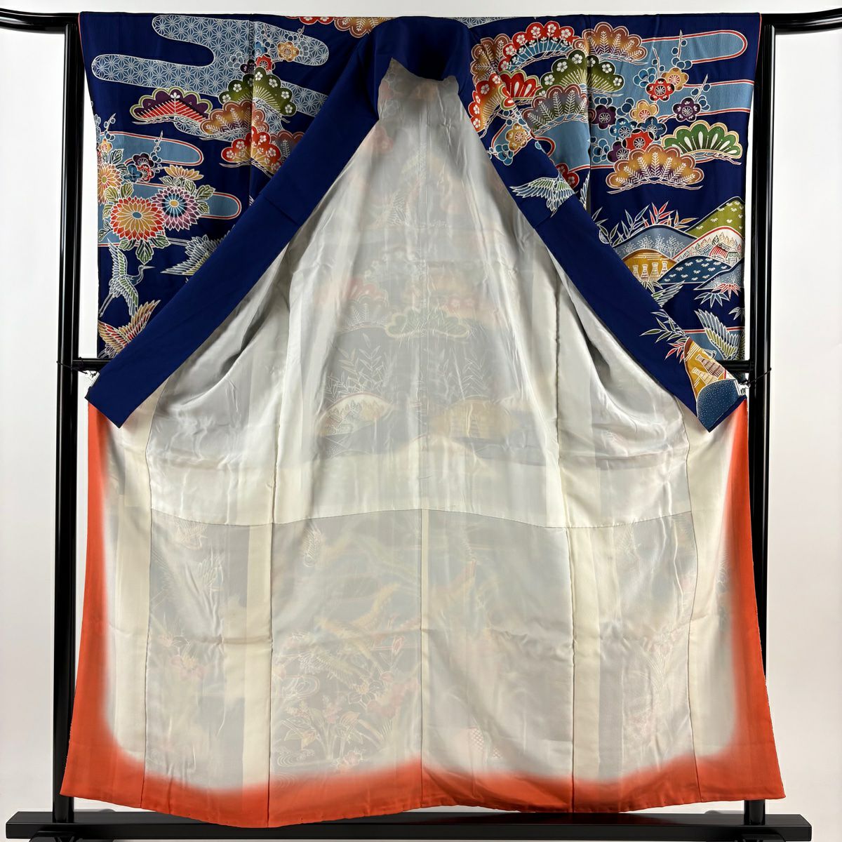 振袖禮服 身長157.5cm 袖長63.5cm S 雙層 仙鶴 松樹竹子梅花 深藍 純蠶絲 秀品級