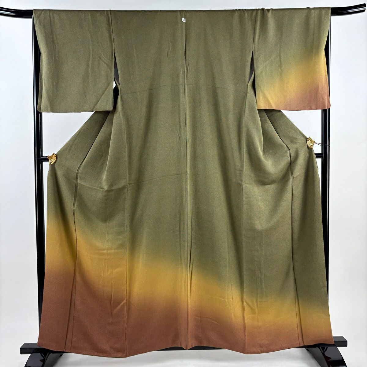 付下 身長160.5cm 袖長67.5cm L 雙層 鮫 ぼかし紋 茶綠 純蠶絲 秀品級 一つ紋