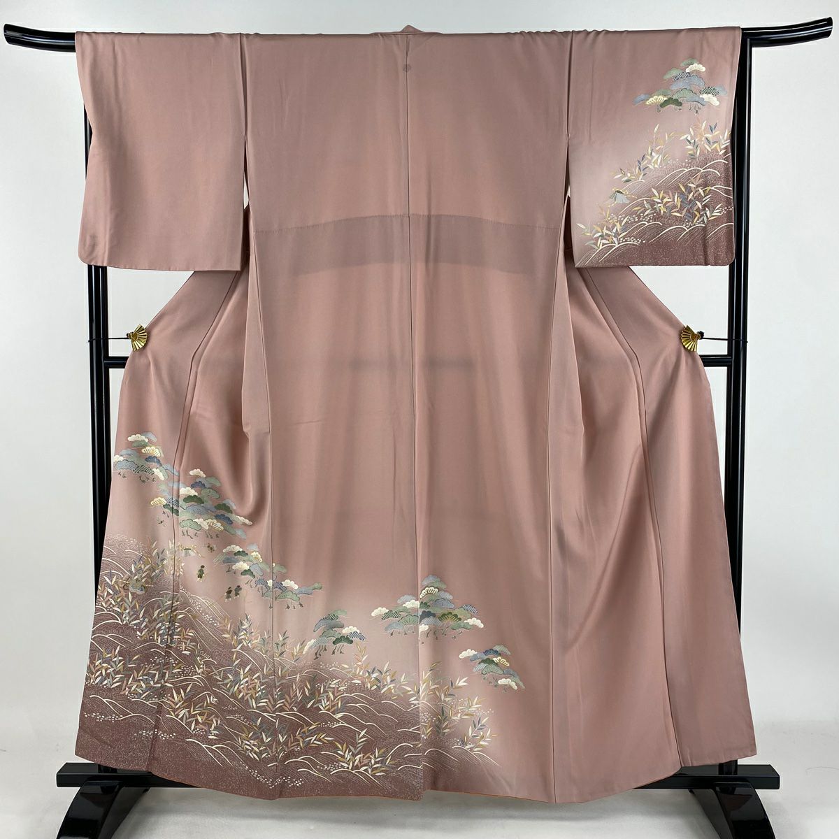 付下 身長160cm 袖長67cm M 雙層 松樹 人物 漸層 金彩裝飾 粉色 純蠶絲 優品級 一個紋