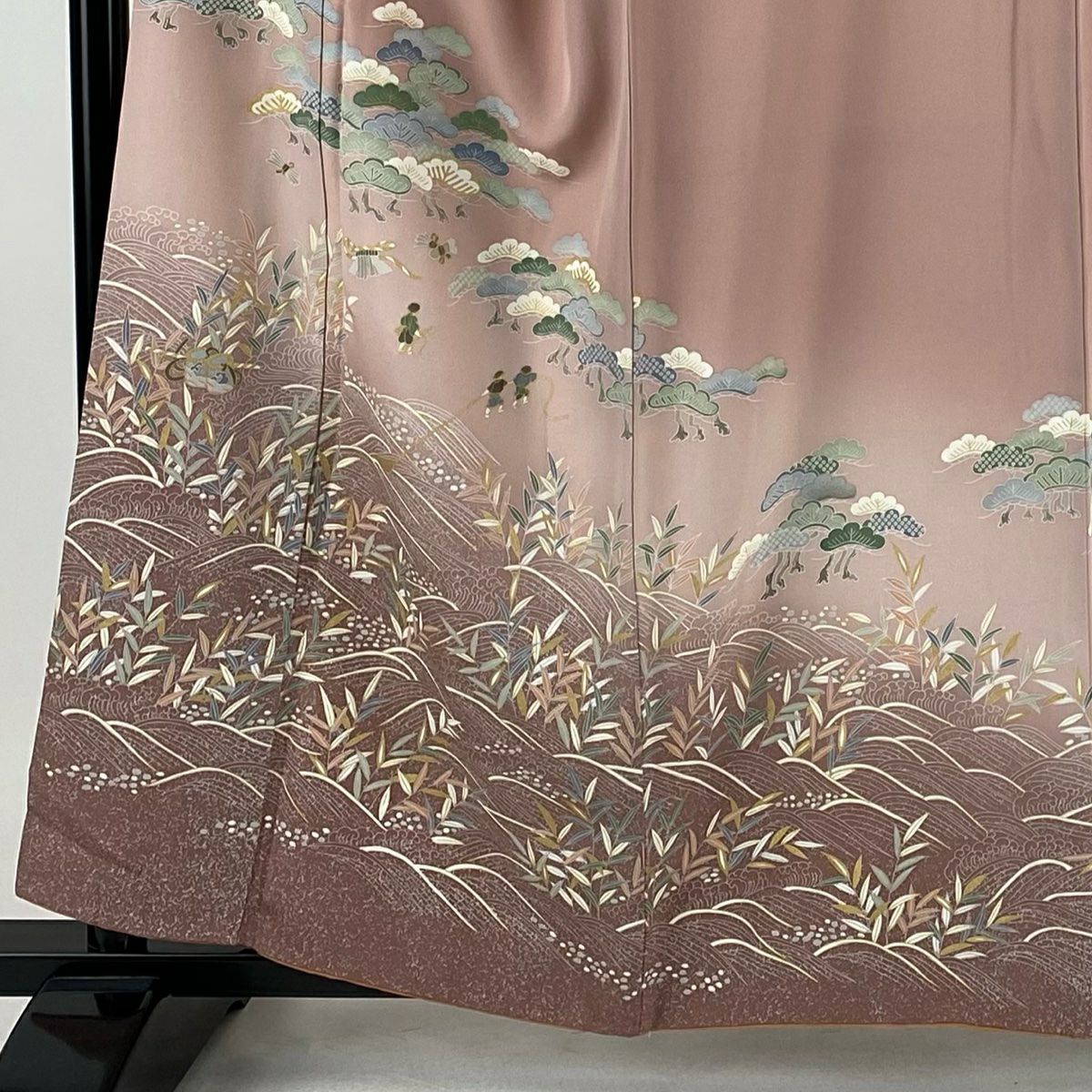 付下 身長160cm 袖長67cm M 雙層 松樹 人物 漸層 金彩裝飾 粉色 純蠶絲 優品級 一個紋