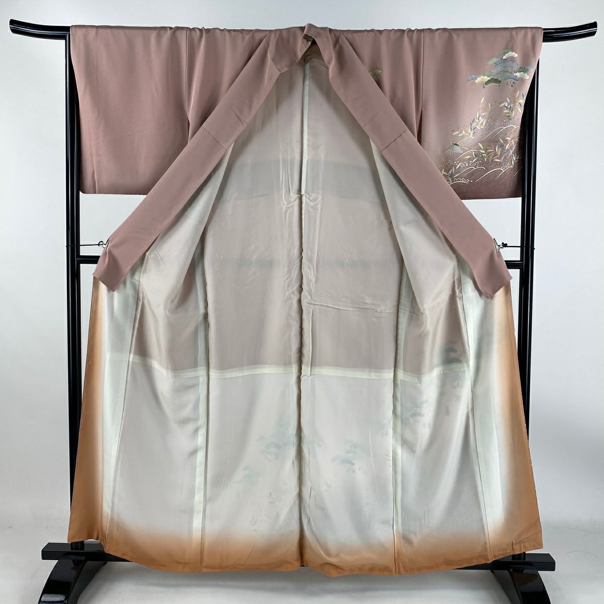 付下 身長160cm 袖長67cm M 雙層 松樹 人物 漸層 金彩裝飾 粉色 純蠶絲 優品級 一個紋