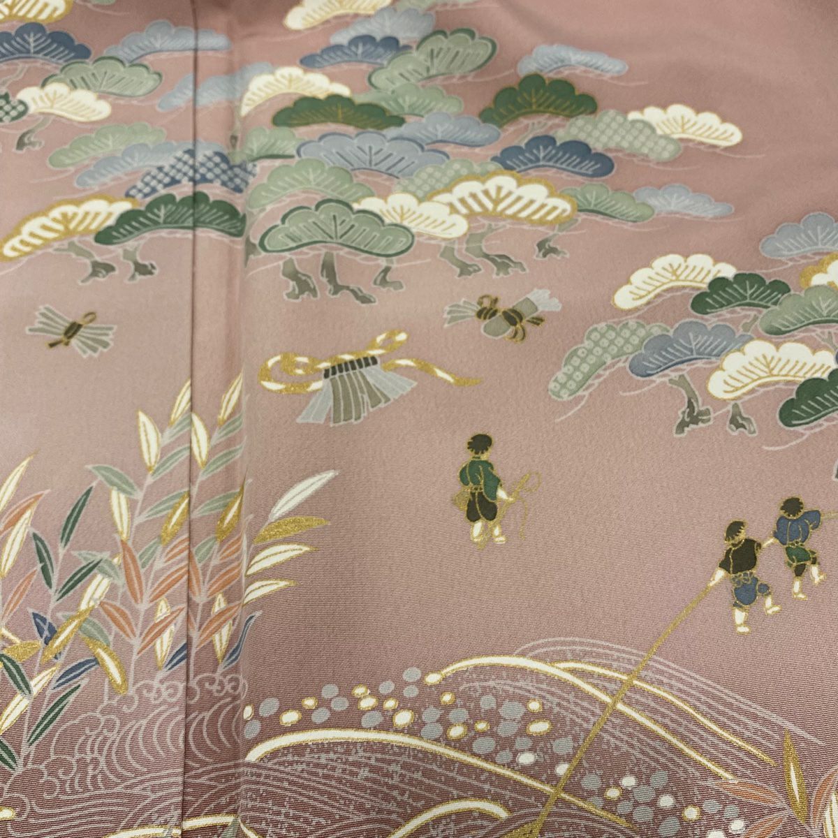 付下 身長160cm 袖長67cm M 雙層 松樹 人物 漸層 金彩裝飾 粉色 純蠶絲 優品級 一個紋