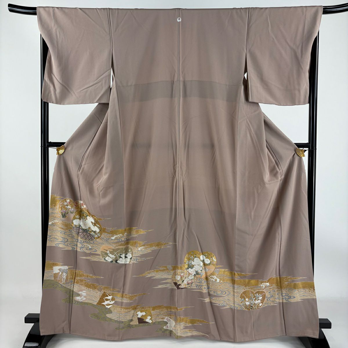 色留袖禮服 身長164.5cm 袖長68.5cm L 雙層 團扇子 草花紋紋 金銀彩 金絲 薄小豆 純蠶絲 秀品級 一つ紋