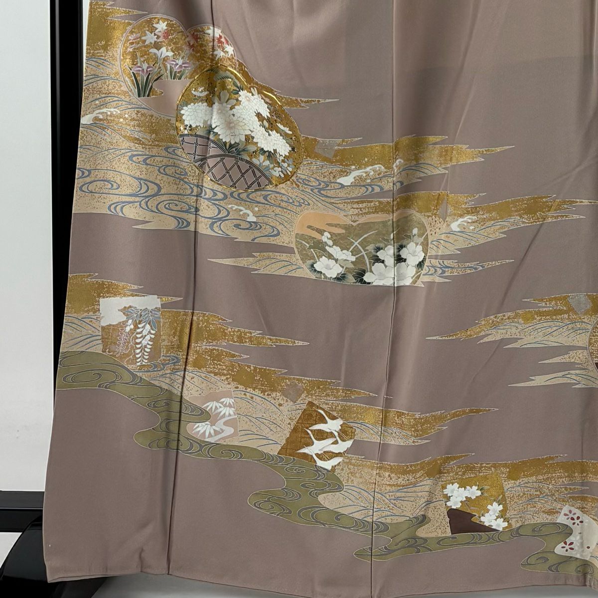 色留袖禮服 身長164.5cm 袖長68.5cm L 雙層 團扇子 草花紋紋 金銀彩 金絲 薄小豆 純蠶絲 秀品級 一つ紋