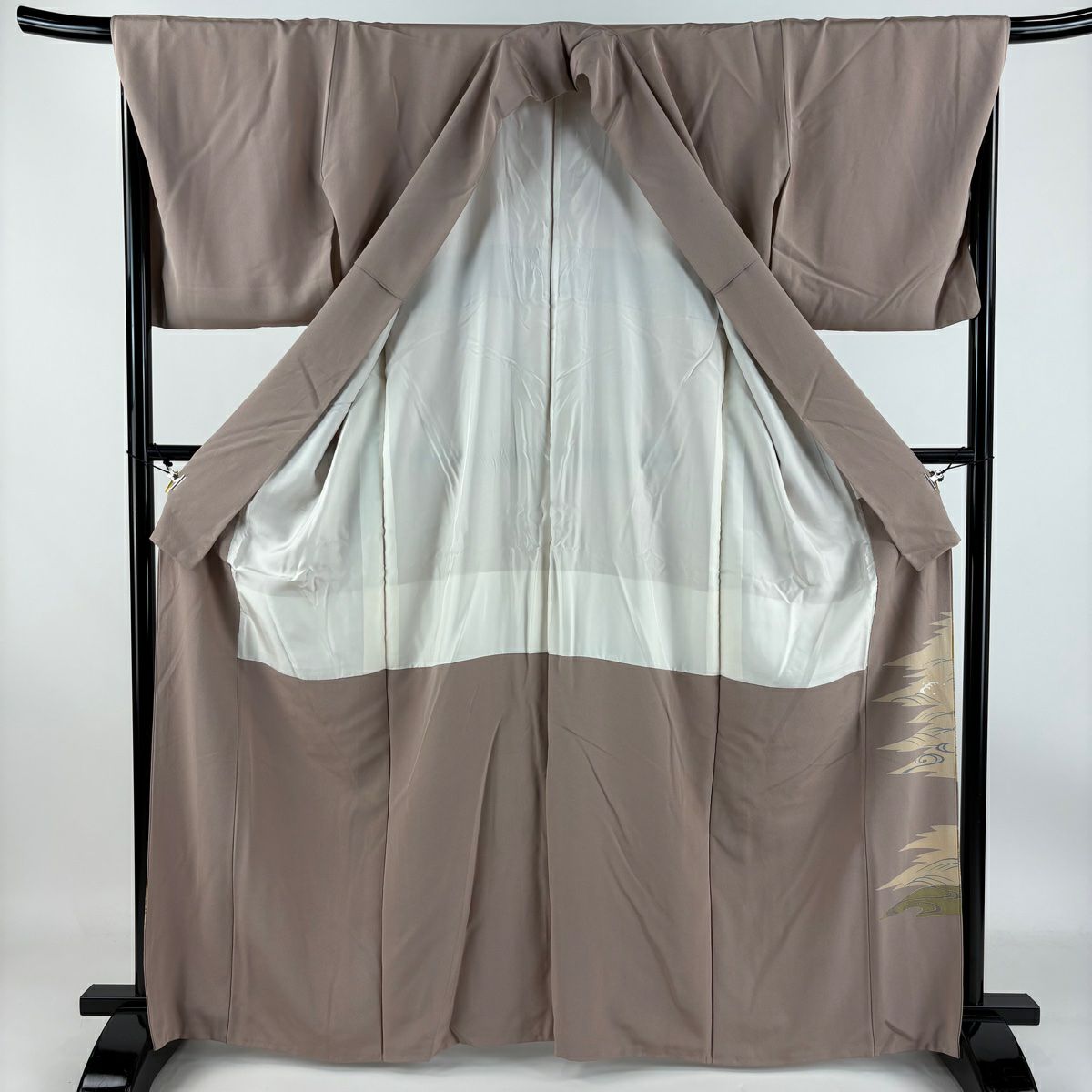 色留袖禮服 身長164.5cm 袖長68.5cm L 雙層 團扇子 草花紋紋 金銀彩 金絲 薄小豆 純蠶絲 秀品級 一つ紋