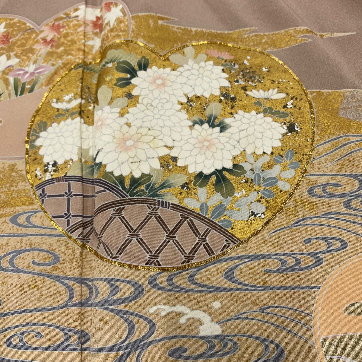 色留袖禮服 身長164.5cm 袖長68.5cm L 雙層 團扇子 草花紋紋 金銀彩 金絲 薄小豆 純蠶絲 秀品級 一つ紋