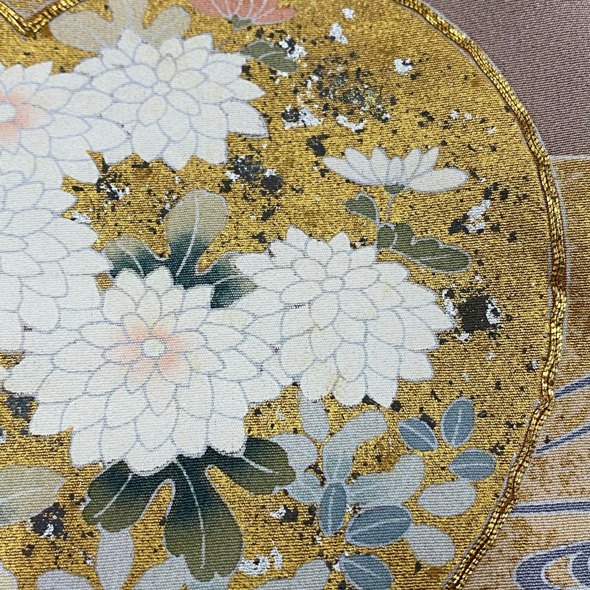 色留袖禮服 身長164.5cm 袖長68.5cm L 雙層 團扇子 草花紋紋 金銀彩 金絲 薄小豆 純蠶絲 秀品級 一つ紋