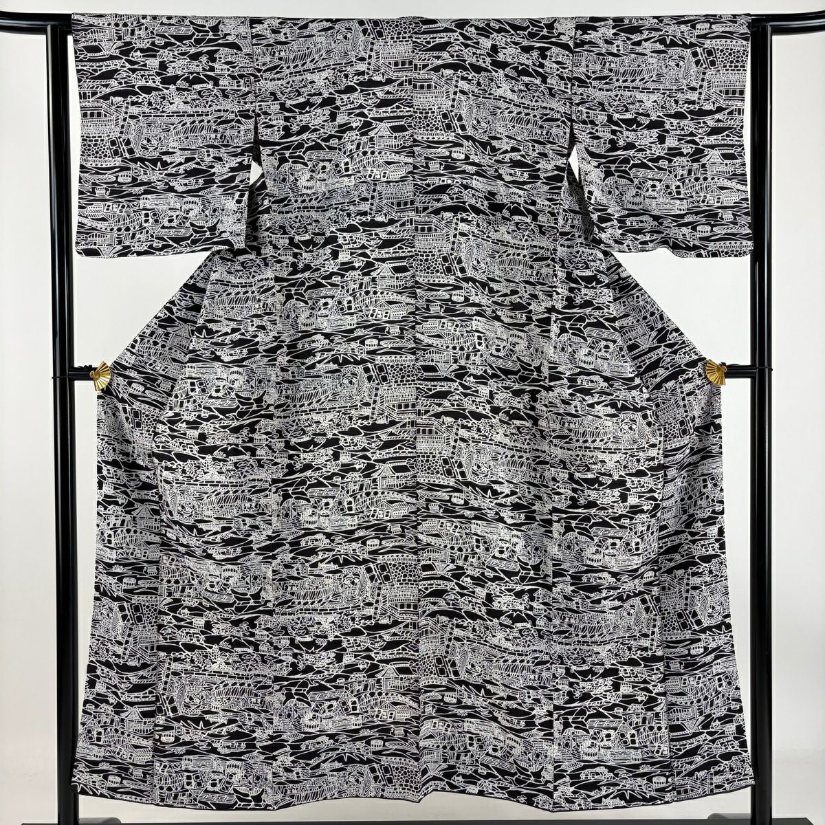 小紋 身長150.5cm 袖長65cm M 雙層 巴齒領 胴抜 家屋 黑 純蠶絲 美品 秀品級