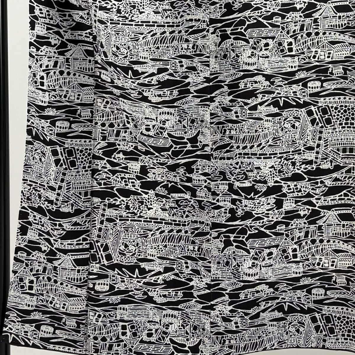 小紋 身長150.5cm 袖長65cm M 雙層 巴齒領 胴抜 家屋 黑 純蠶絲 美品 秀品級