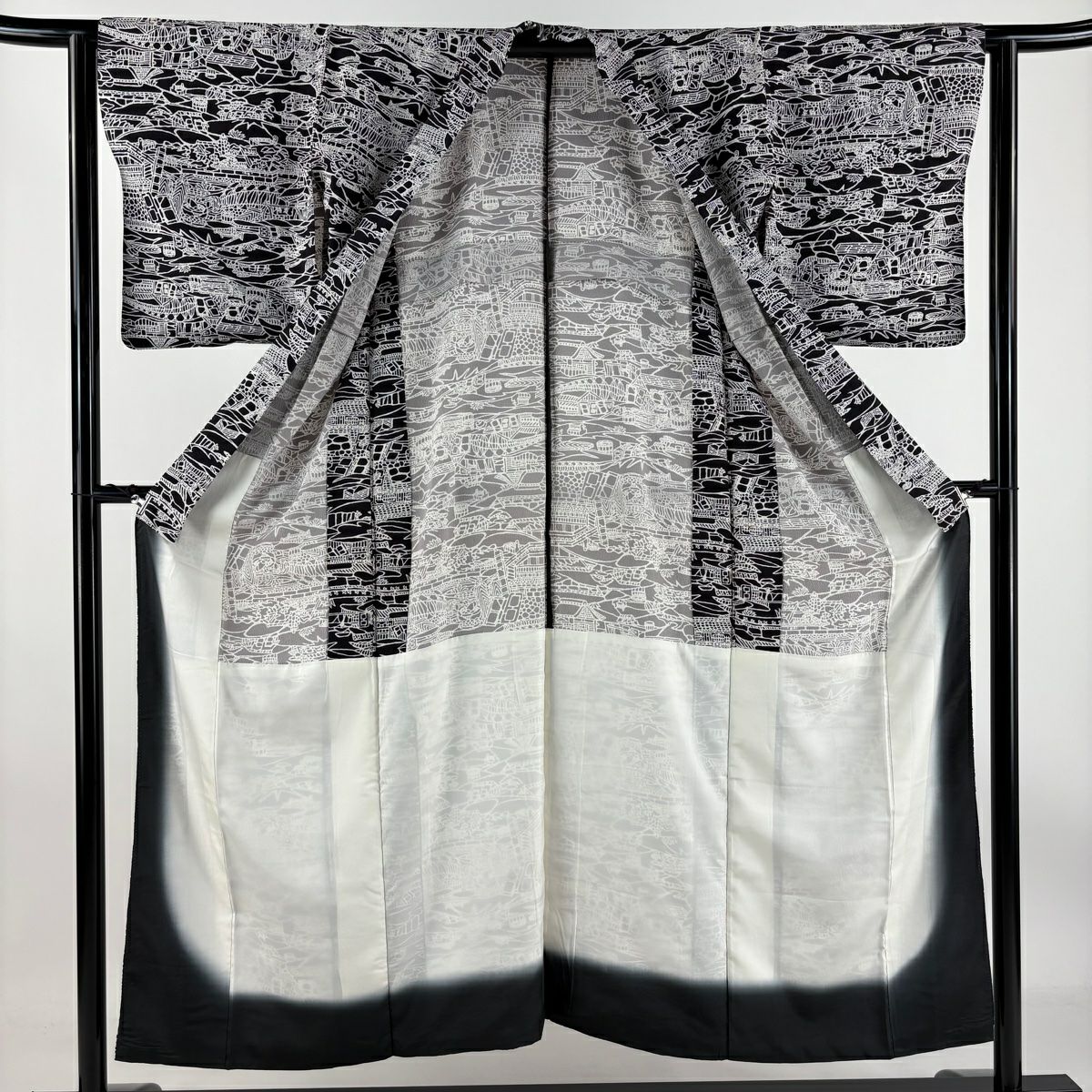 小紋 身長150.5cm 袖長65cm M 雙層 巴齒領 胴抜 家屋 黑 純蠶絲 美品 秀品級
