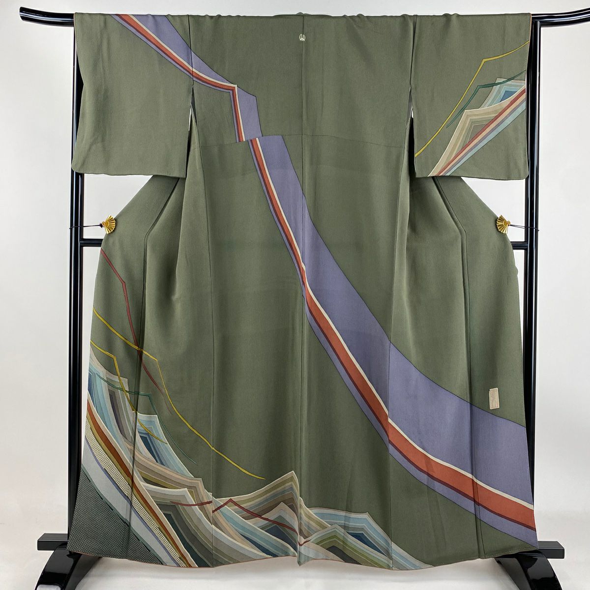 訪問服 身長159.5cm 袖長66.5cm M 雙層 落款 波 金糸 縮緬 灰綠 純蠶絲 秀品級 一つ紋