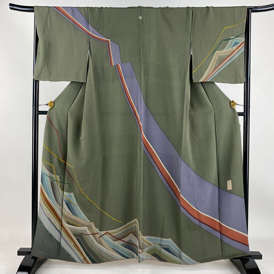 訪問服 身長159.5cm 袖長66.5cm M 雙層 落款 波 金糸 縮緬 灰綠 純蠶絲 秀品級 一つ紋