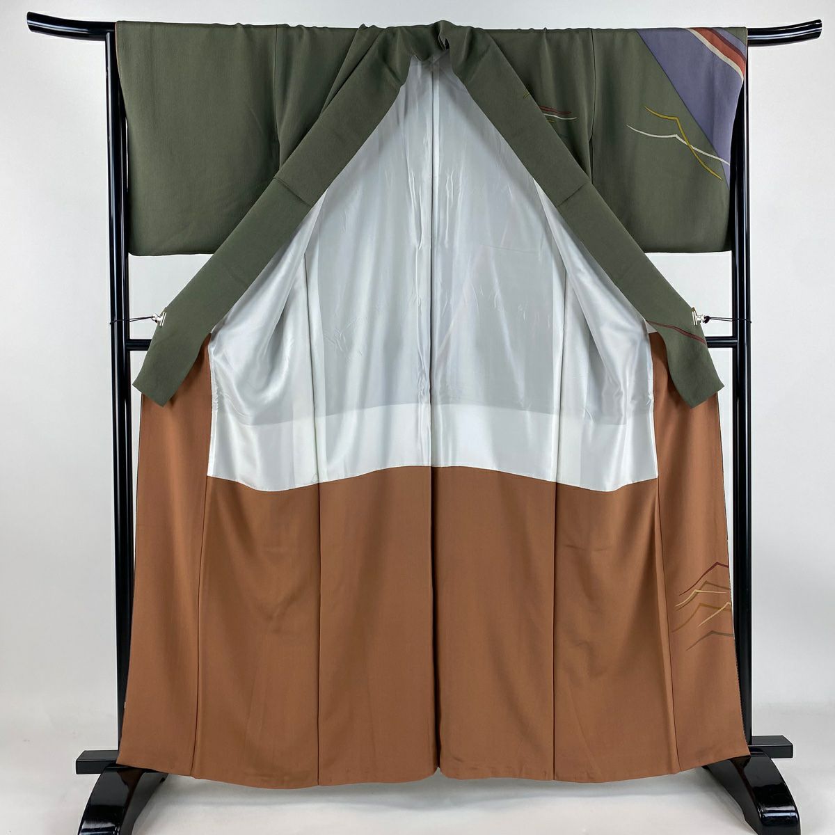 訪問服 身長159.5cm 袖長66.5cm M 雙層 落款 波 金糸 縮緬 灰綠 純蠶絲 秀品級 一つ紋