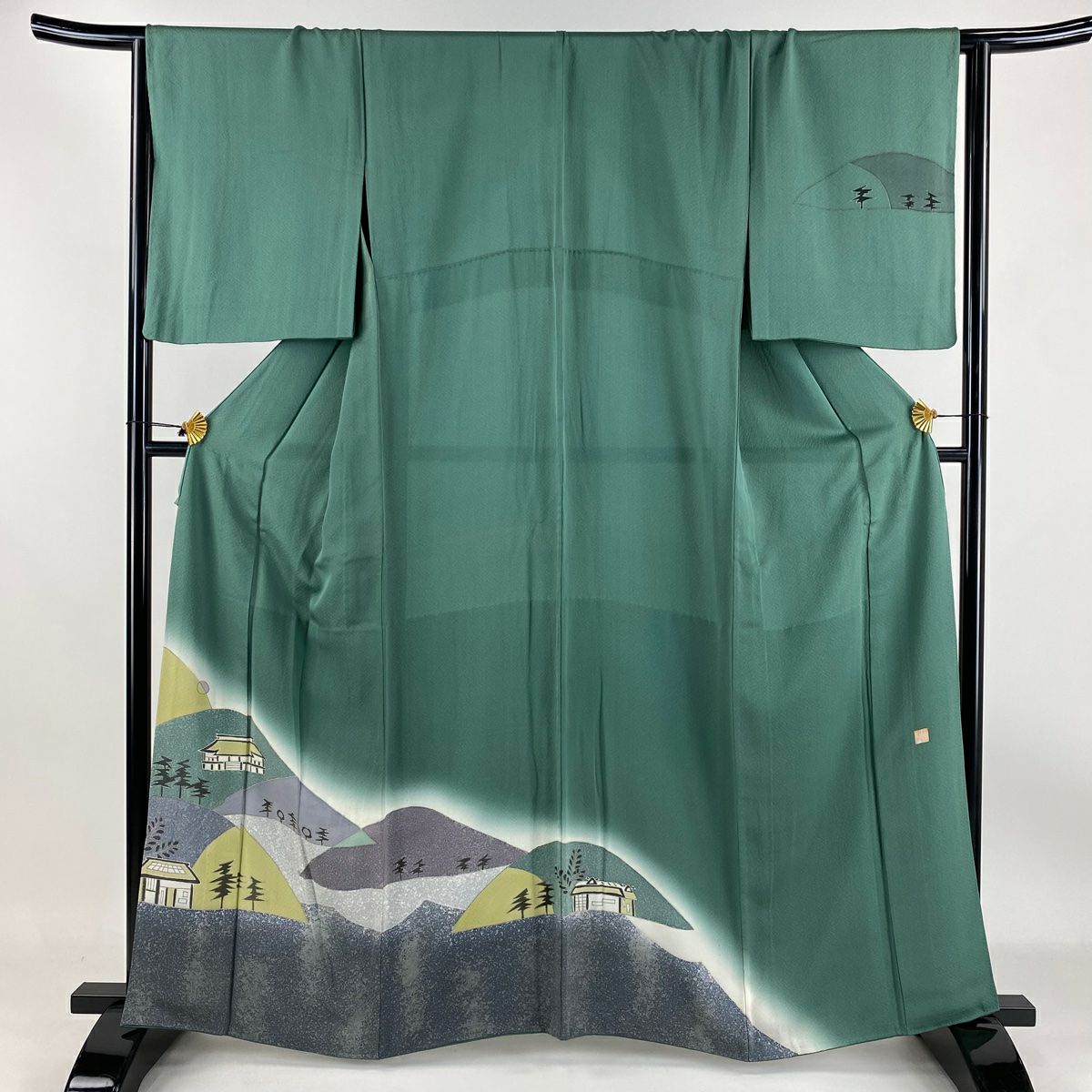 付下 身長161cm 袖長66cm M 雙層 胴抜 落款あり 家屋 山並漸變 灰綠 純蠶絲 秀品級